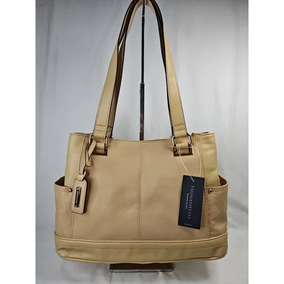 Tignanello Pretty Pockets Shopper Womens Luxury Leather Purse Tote Bag Dune NWT