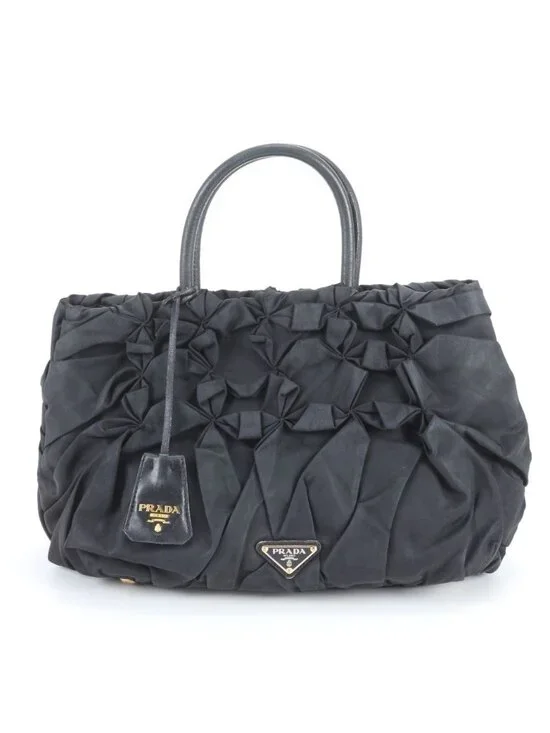 Prada Tessuto Nylon Gathered Triangle Logo Leather Tote Shoulder