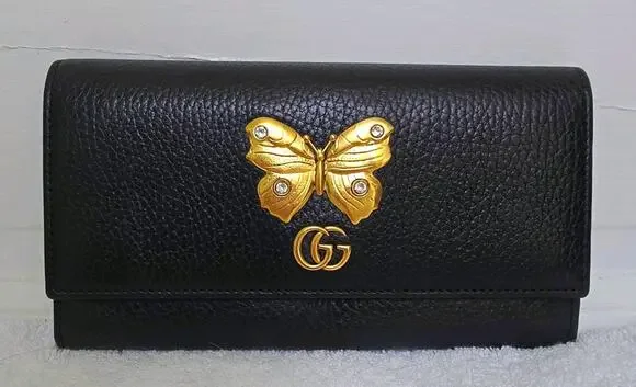 Gucci Women’s Black Continental Wallet, Gold Butterfly GG Logo