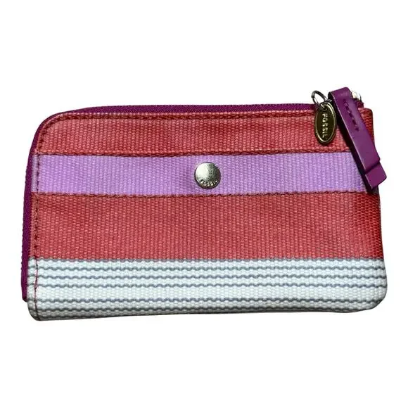 Fossil Coated Canvas Zip Wallet Coin Purse Clutch Pink Purple Cream Gray Stripe
