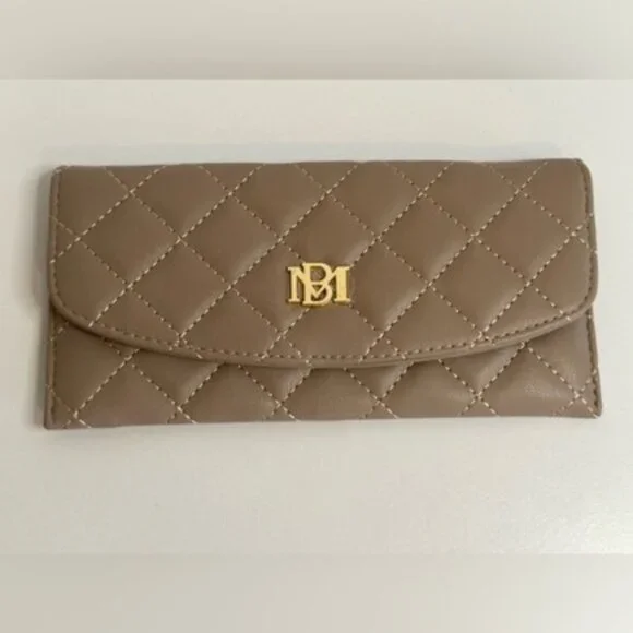 Badgley Mischka Quilted Taupe Wallet with Gold Logo NWT