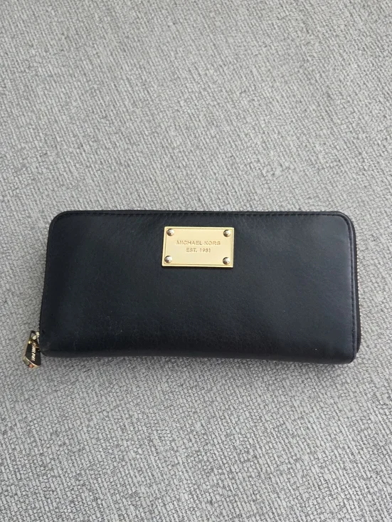Michael Kors Black Leather Zip-Around Wallet with Gold Plaque