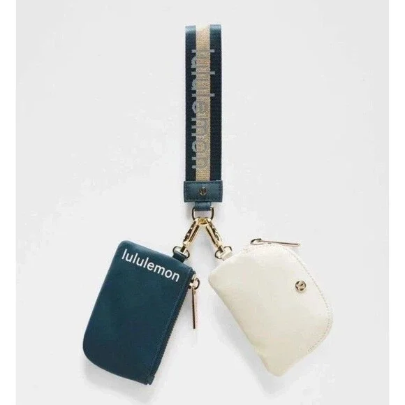 Lululemon Dual Pouch Wristlet Wallet Keychain Wordmark Warp Teal,Gold, Bone NWT