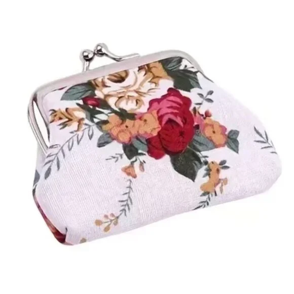 Victorian Rose Change Purse Bag French Kiss Clasp Vintage Retro White Multicolor