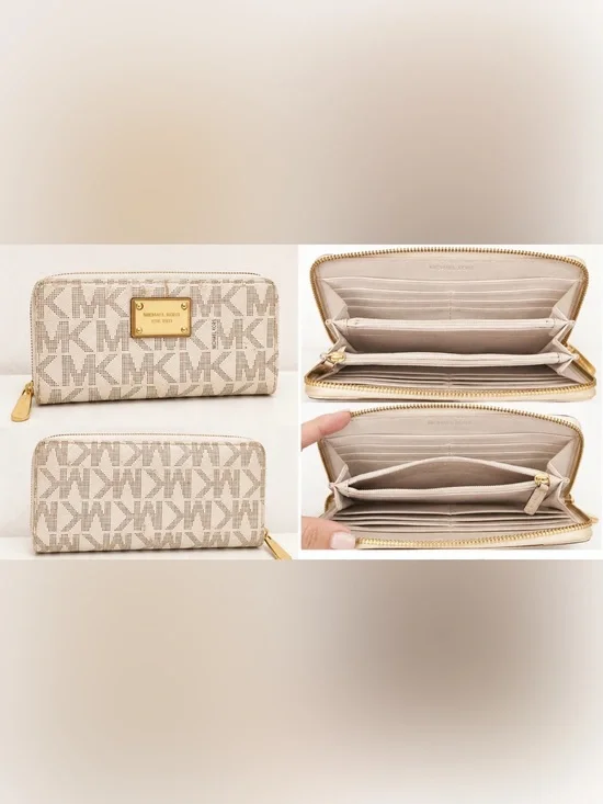 Michael Kors Jet Set Travel MK Logo Zip Around Continental Wallet Vanilla Gold