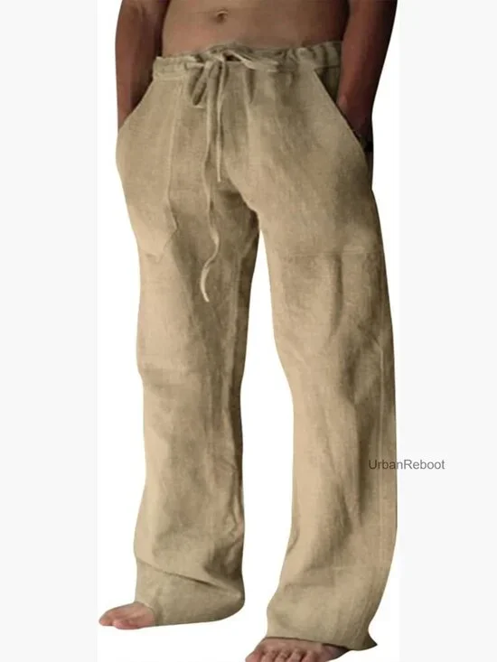 Men's Cotton Linen Casual Loose Fit Drawstring Waist Pants Summer Beach