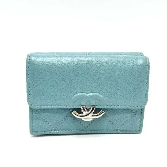 CHANEL Blue Leather Logo Wallet