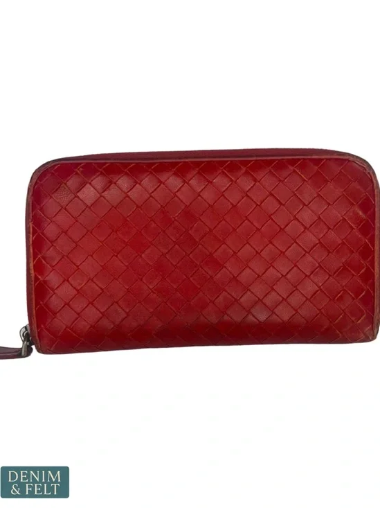 Bottega Veneta Intrecciato Zip Around Wallet Red Woven Leather‎ Long Wallet