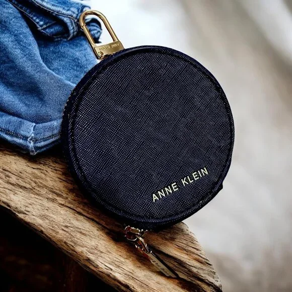 Anne Klein Navy Blue Round‎ Coin Purse With Gold-Tone Hardware & Zipper Closure