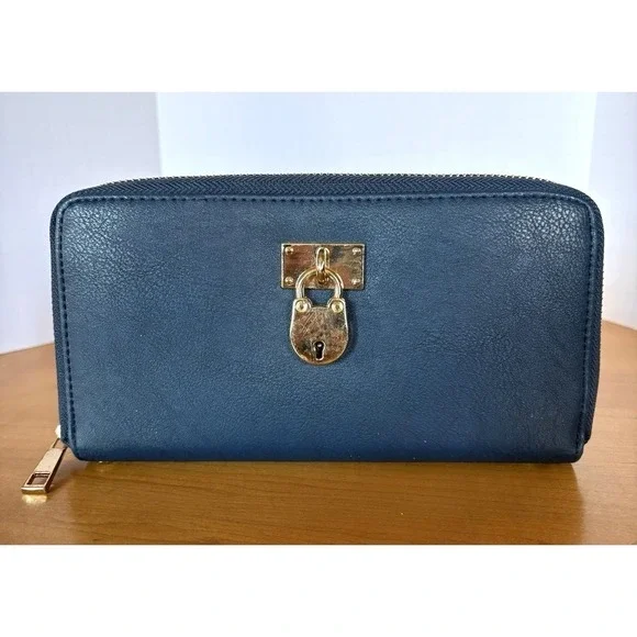 Blue/Teal Zip Around Wallet Gold Padlock‎ Accent Accordion Organizer Clutch Coin