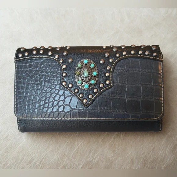 American Bling Western Black Faux Leather Wallet Turquoise Concho‎ Embellishment