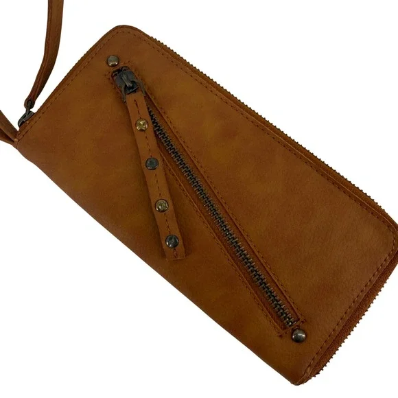 NWOT Free People Vegan Leather Wristlet Zip Wallet Cognac Brown Studded Boho‎
