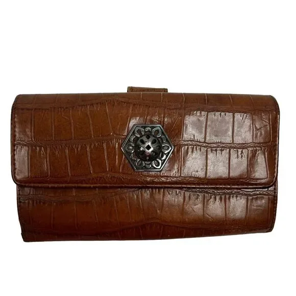Brighton Wallet Croc Embossed Leather Brown Credit Card Pocket Coins Compartment