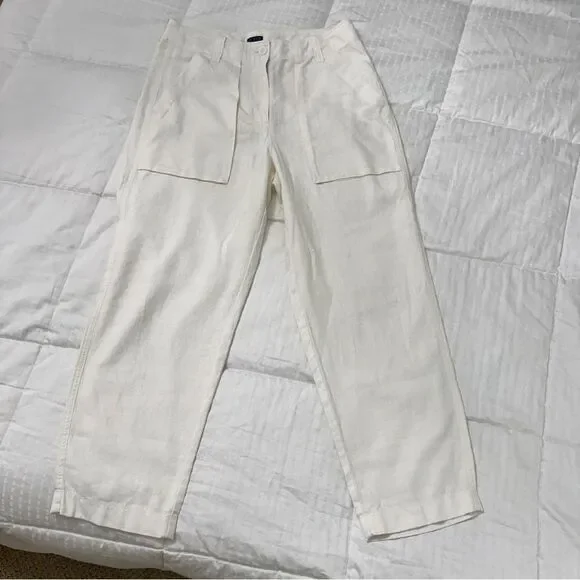 J.Crew Linen Lyocell Utility Pants 6P Ivory Tapered Pocket Front Flat Front