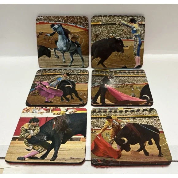 Coasters Matador Bull Fighting  With Red Felt‎ Bottoms Set Of 6 Vintage Spain