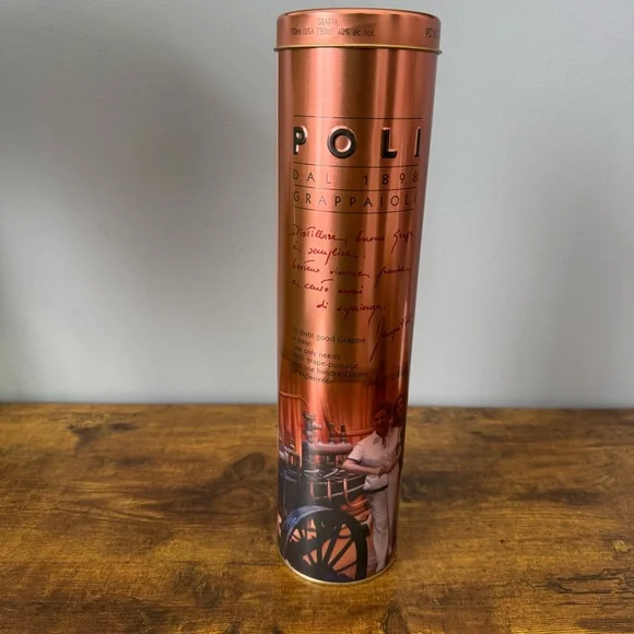 Poli Po’ Moscato Grappa Copper Metal Gift Tube‎ Distillery Display Tin
