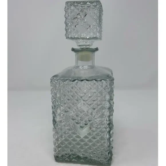 Vintage Diamond Point Glass Decanter  9 1/4