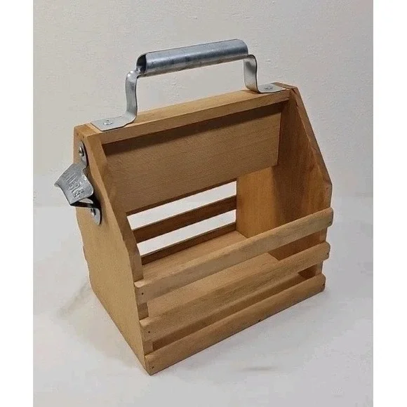 Wooden Beer Caddy 6 Pack‎ Bottle Carrier with Built-in Metal Bottle Opener