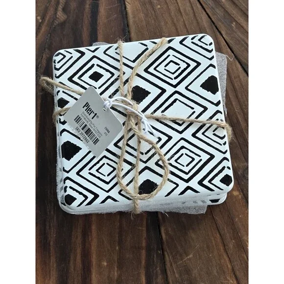 Pier 1  set of 4 square ceramic coasters, bold black & white geometric pattern