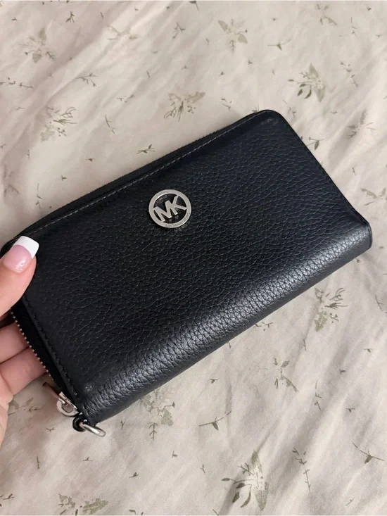 Michael Kors Black Pebbled Leather Zip Wallet with Silver MK Emblem
