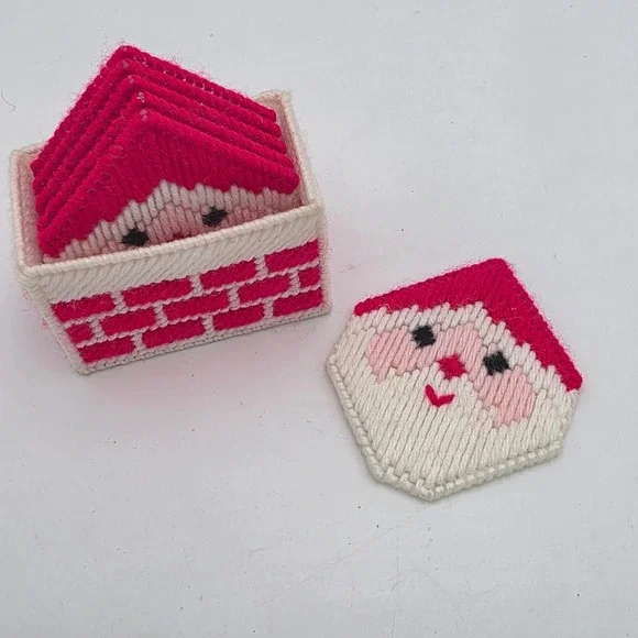 Vintage Handmade Plastic Canvas Santa Coasters Set of 6 with Chimney Holder Red