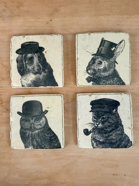 Set of 4 ceramic coasters, vintage style animal themes, cork backing, new no box