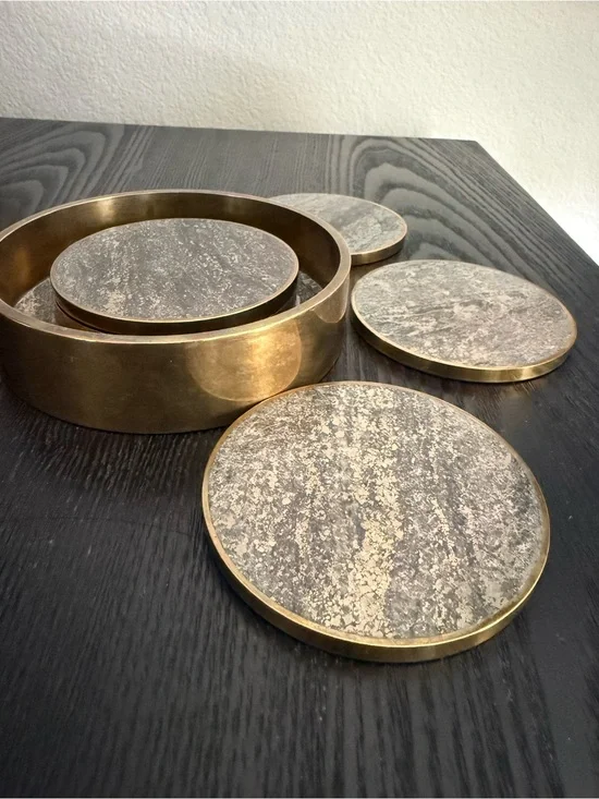 Vintage Saulo Norway Brutalist Brass & Granite Stone Coaster Set 1970s