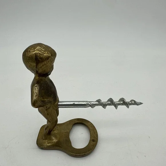 Vintage Brass Nude Boy‎ Figure Corkscrew Wine Opener Bottle Opener Bar EUC 3