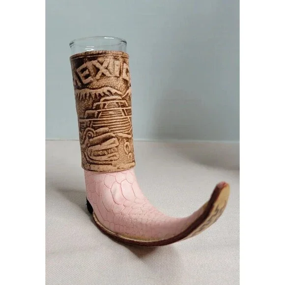 mexican mini leather wrapped boot tequila shots shaped like boot Pink And Brown