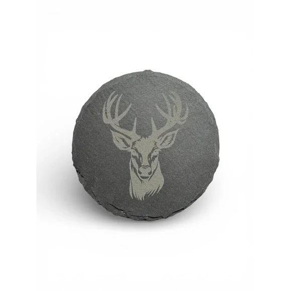 Black Slate Coasters Set of 4 Round‎ Stone Drink Coaster Deer Stag Etched 4 Inch