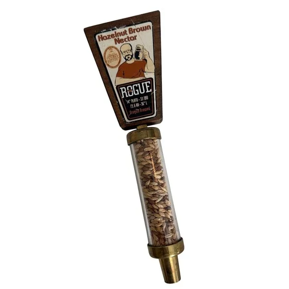 Rogue Ales Hazelnut Brown Nectar Beer Tap Handle Wood Brass Grain Filled Rare