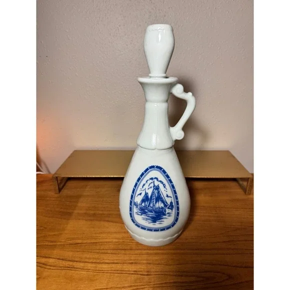 Vintage Tienshan Nautical Decanter‎  Blue & White Sailboat Bottle Barware