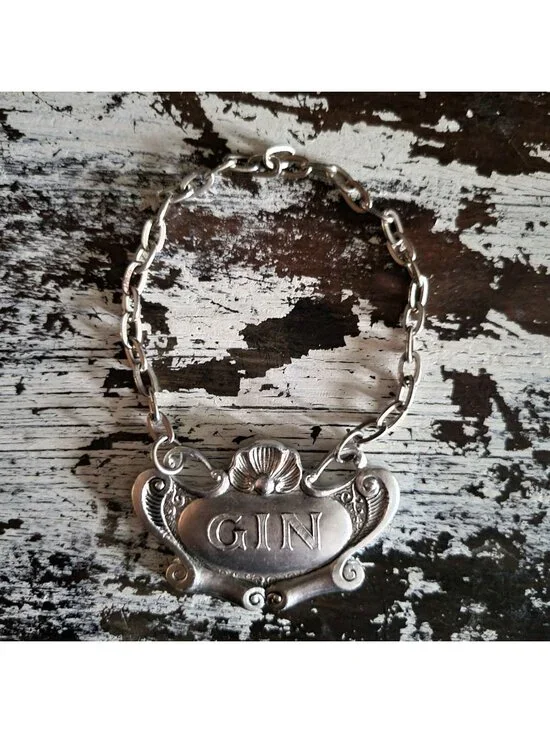 Vintage Pewter Gin Decanter Label With Chain Made In Italy Elegant Barware