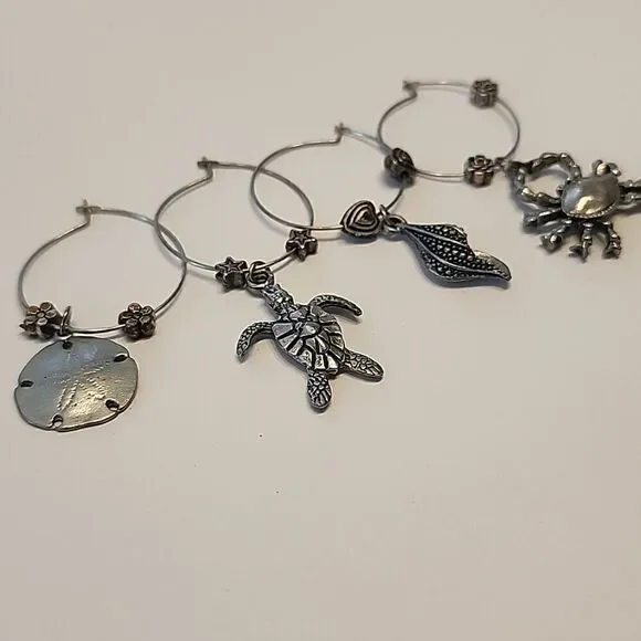 Sea Ocean Wine Glass Charms Theme Turtle Seashell Shell Crab Sand Dollar Silver