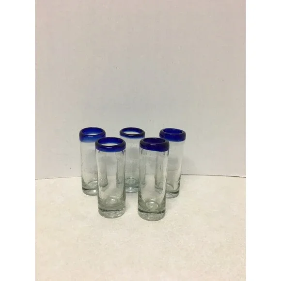 5 Mexican  Hand Blown Cobalt Blue Rim Tequila Shot Glasses Liquor