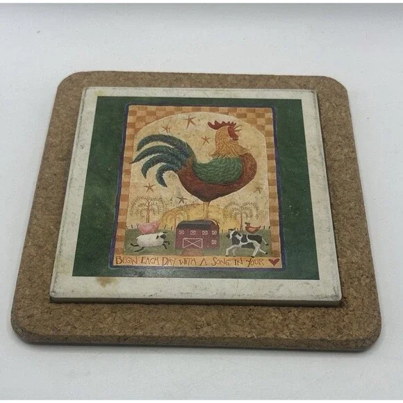Large Ceramic Farm Animal Art Coaster Rooster Cow Sheep Pig Cork Back Non-Slip