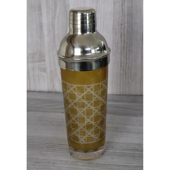 Vintage Glass MCM Barware Cocktail Shaker 3pc Set Amber Geometric Pattern Madmen
