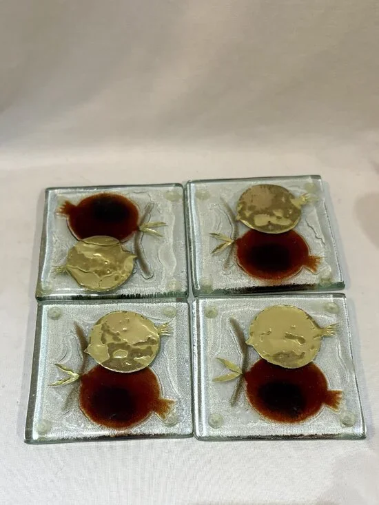 Set of 4 Hand Made Fused Glass Metallic Foil Coasters Pomegranates