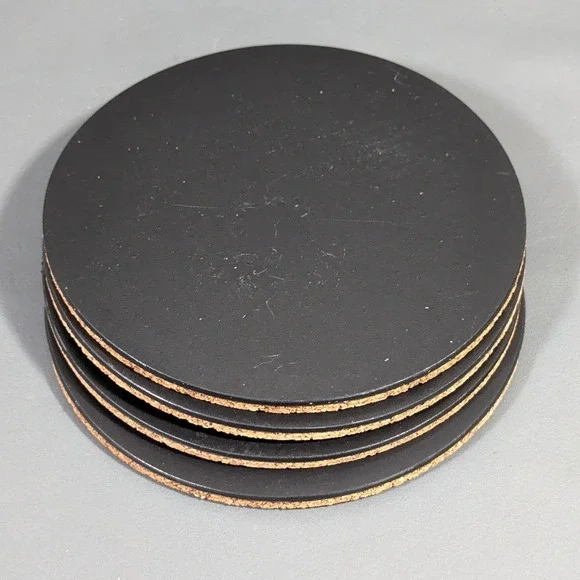 Set of 4 Large Round Black and Cork Coasters 5.75 Inch Circular Tabletop