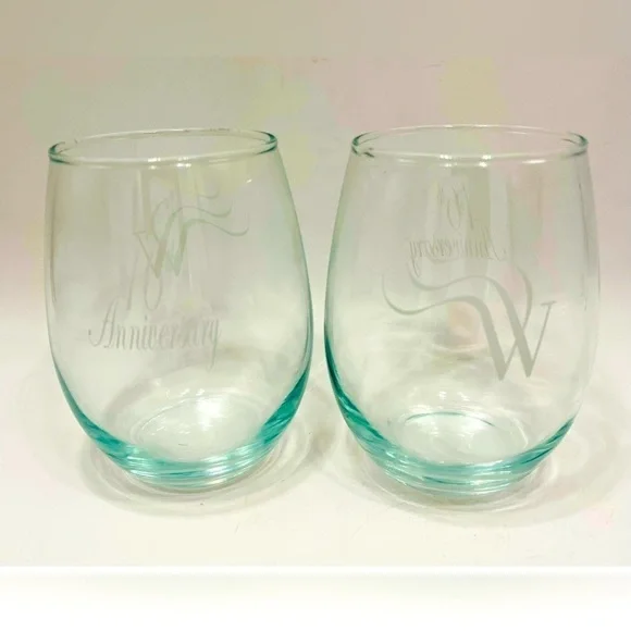 Set of 2 Stemless Wine Glasses 16th Anniversary Monogrammed W