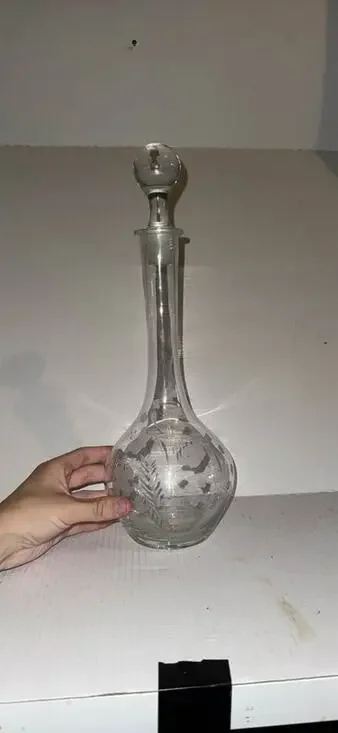 Vintage Excellent Condition Long Necked Etched Floral Design Decanter