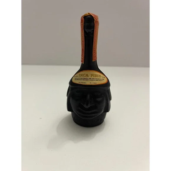 Vintage Inca Pisco Miniature Bottle Matte Black Glass Peruvian Head 1.6oz Peru