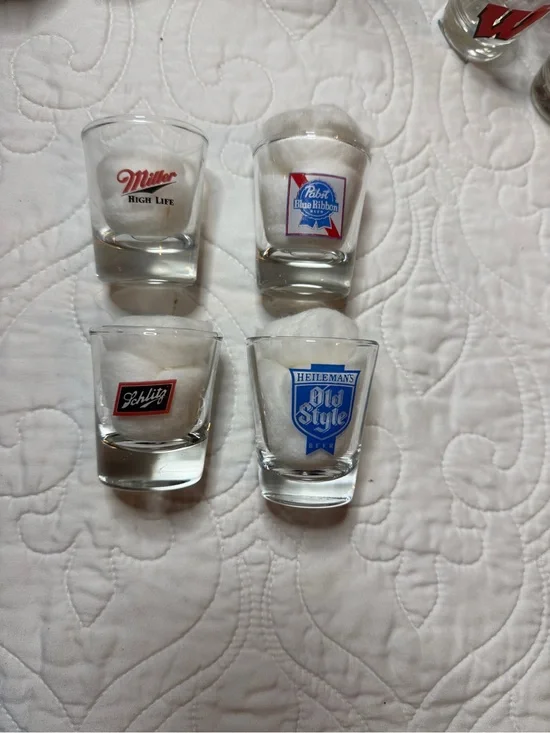 Vintage Beer Logo Shot Glasses — Miller, Pabst, Schlitz, Old Style