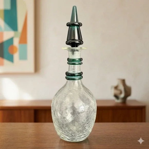 Vintage Blenko 475 Emerald Green Decanter Crackle Glass Winslow Anderson Era