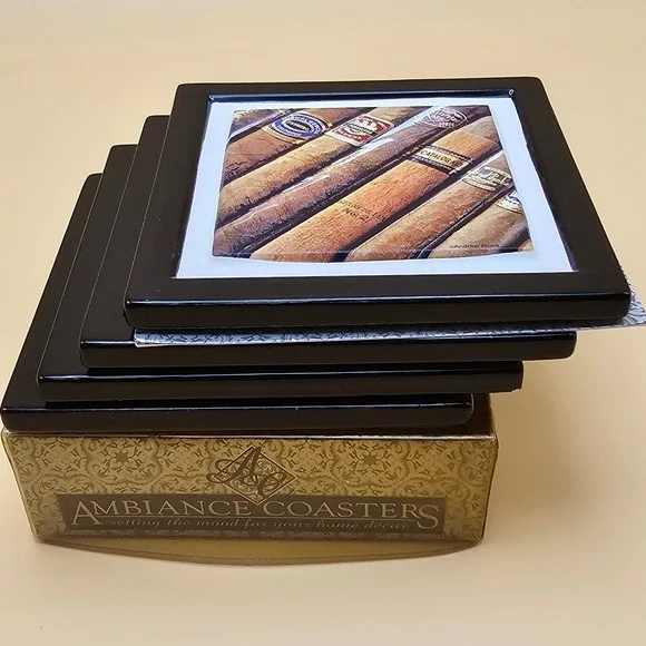 Cool Vintage Ambiance Coasters Cigar Photo Set 4 Ceramic Cork Back‎ Home Decor