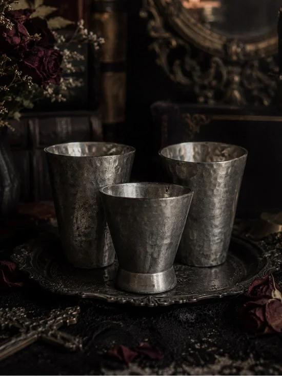Nousaku Hammered Thick Heavy Metal Cups Trio - Silver Tone