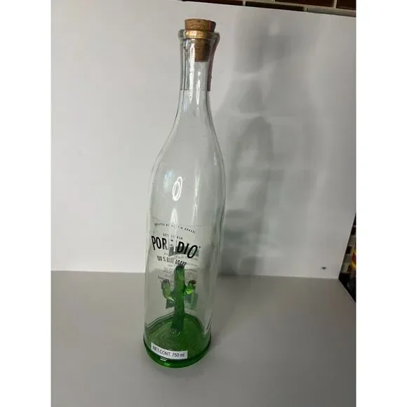 Porfidio Tequila Bottle Empty Handblown Green Cactus Art Glass  Wedding Water
