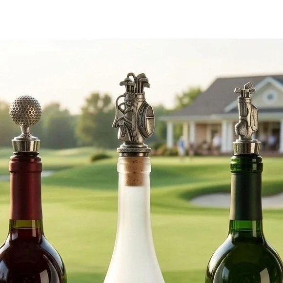 Vintage Golf Wine Bottle Stoppers Set 3 Pewter Tone Golf Ball Bag Sports Decor
