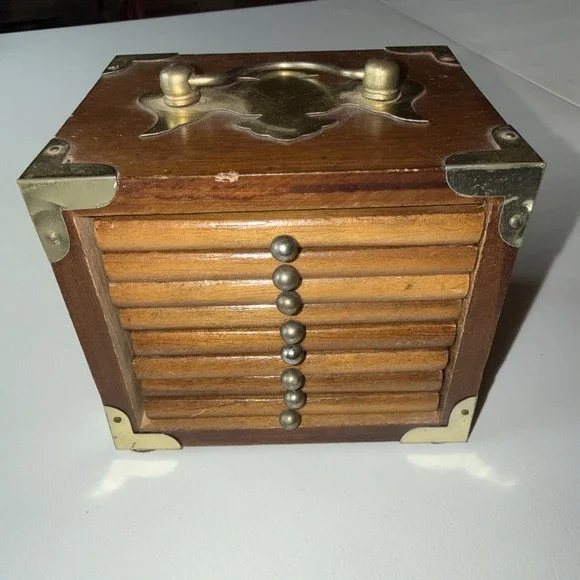 Vintage Wood‎ Cork Coaster Set 8 Mid Century Metal Trim Accents Handle