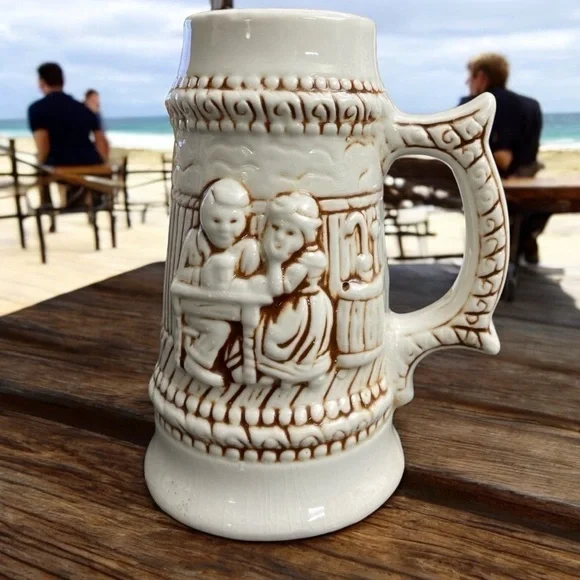 Vintage Ceramic Stein Made in Brazil #1366 White & Brown Beer Stein